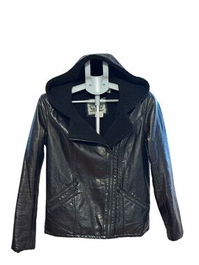 Levi's Black Faux Leather Hooded Jacket with Sherpa Trim